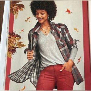 CAbi Tavern Plaid Shacket •
Button Down Shirt • Gray/Red/White • XS
